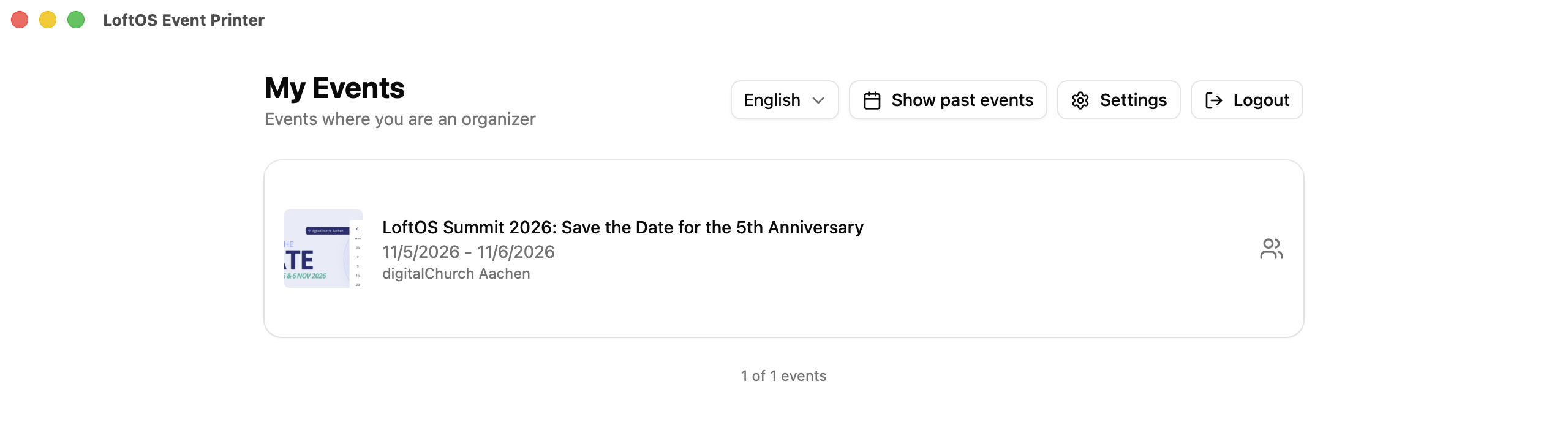 The My Events list showing events where you are an organizer