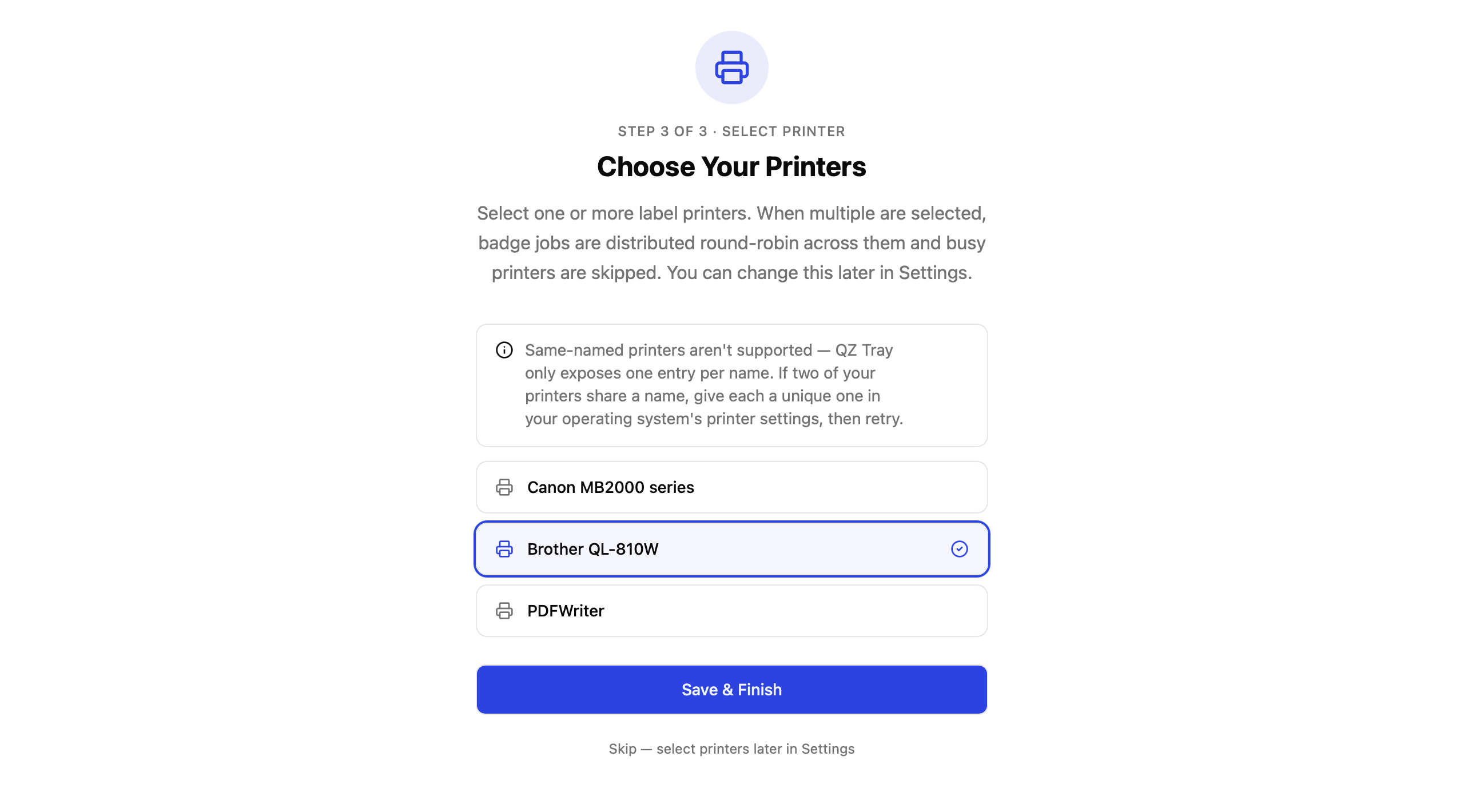 Setup wizard β Step 3 of 3, Choose Your Printers, with the Brother QL-810W selected