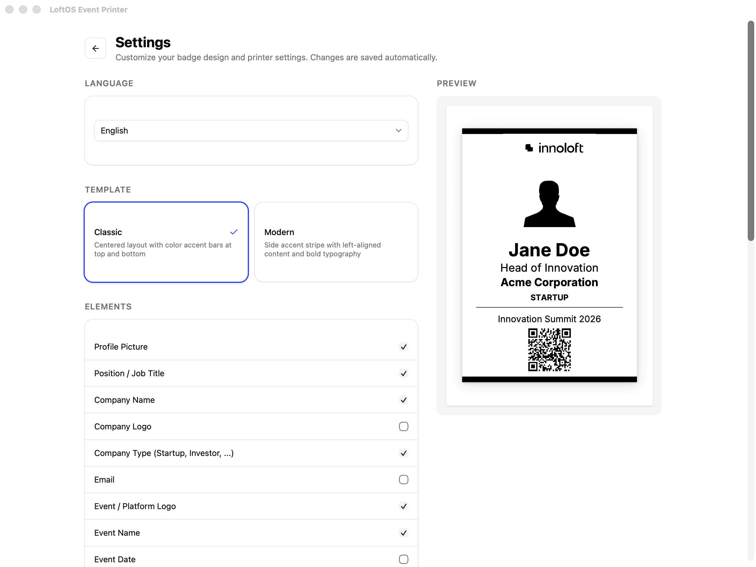 Settings page showing the template choice, element toggles, and a live badge preview
